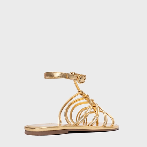 Sandália Rasteira String Couro Metalizado Dourado Gold