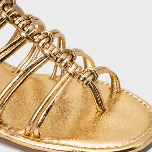 Sandália Rasteira String Couro Metalizado Dourado Gold