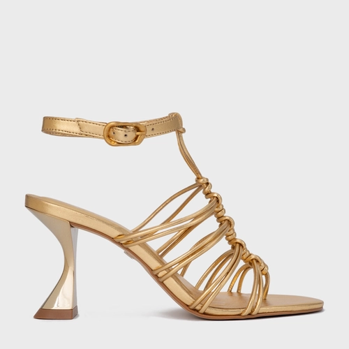 Sandália String Salto Sculpt Couro Metalizado Dourado Gold