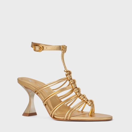 Sandália String Salto Sculpt Couro Metalizado Dourado Gold