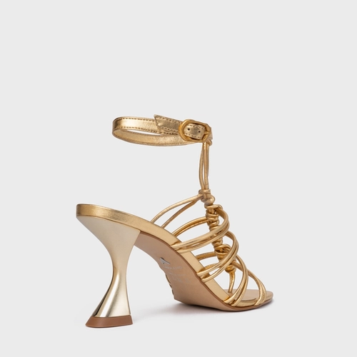 Sandália String Salto Sculpt Couro Metalizado Dourado Gold