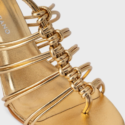 Sandália String Salto Sculpt Couro Metalizado Dourado Gold