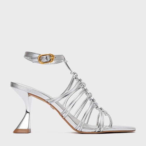 Sandália String Salto Sculpt Couro Metalizado Prata Silver