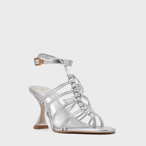 Sandália String Salto Sculpt Couro Metalizado Prata Silver