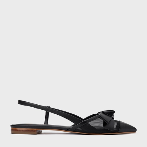 Sapatilha Slingback Laço Tela Couro Preto