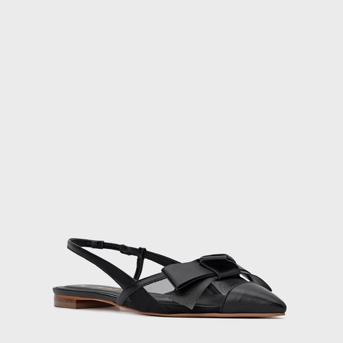 Sapatilha Slingback Laço Tela Couro Preto
