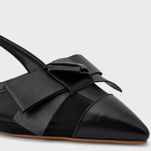 Sapatilha Slingback Laço Tela Couro Preto