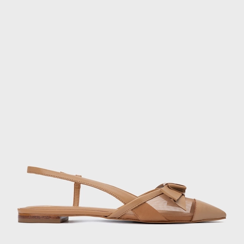 Sapatilha Slingback Laço Tela Couro Marrom Cookie