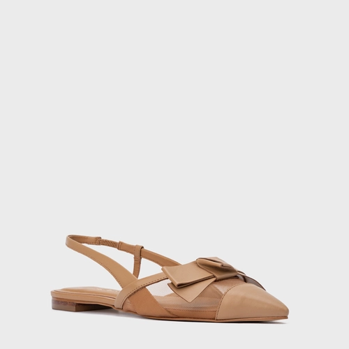 Sapatilha Slingback Laço Tela Couro Marrom Cookie