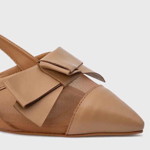Sapatilha Slingback Laço Tela Couro Marrom Cookie