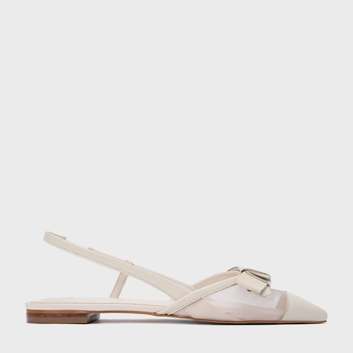 Sapatilha Slingback Laço Tela Couro Off White Vanilla