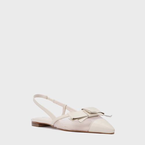Sapatilha Slingback Laço Tela Couro Off White Vanilla