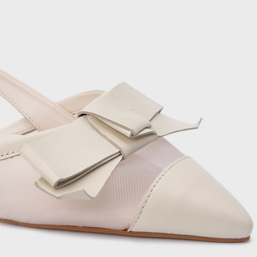Sapatilha Slingback Laço Tela Couro Off White Vanilla