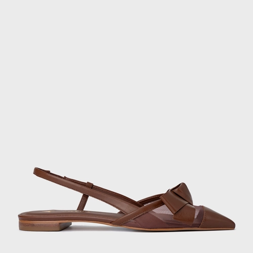 Sapatilha Slingback Laço Tela Couro Marrom Walnut