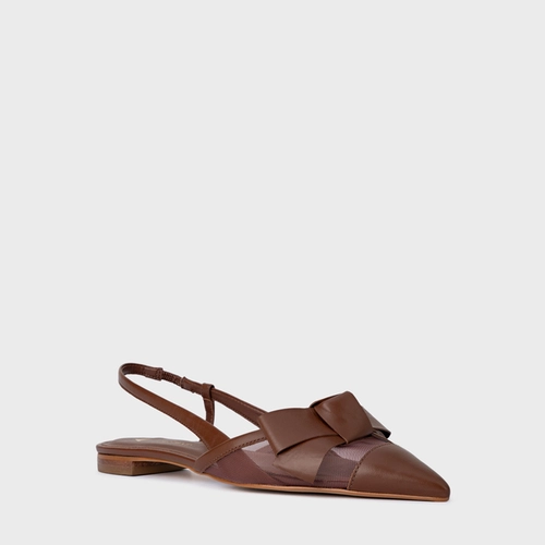 Sapatilha Slingback Laço Tela Couro Marrom Walnut