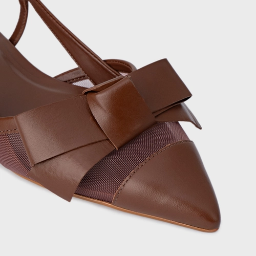 Sapatilha Slingback Laço Tela Couro Marrom Walnut