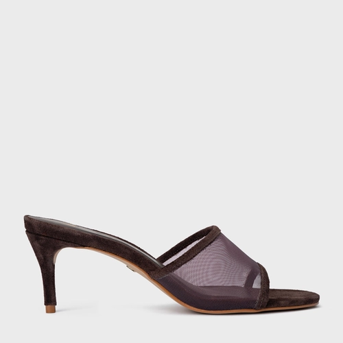 Open Mule Tela Salto Fino Couro Suede Marrom Ganache