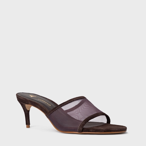 Open Mule Tela Salto Fino Couro Suede Marrom Ganache