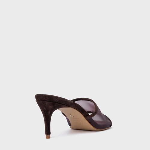 Open Mule Tela Salto Fino Couro Suede Marrom Ganache