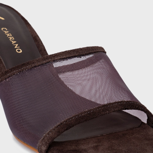 Open Mule Tela Salto Fino Couro Suede Marrom Ganache