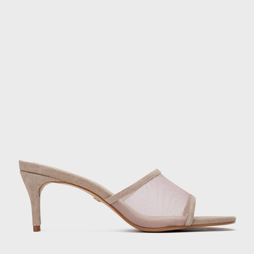 Open Mule Tela Salto Fino Couro Suede Bege Oatmeal