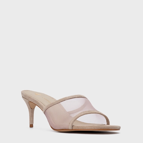 Open Mule Tela Salto Fino Couro Suede Bege Oatmeal