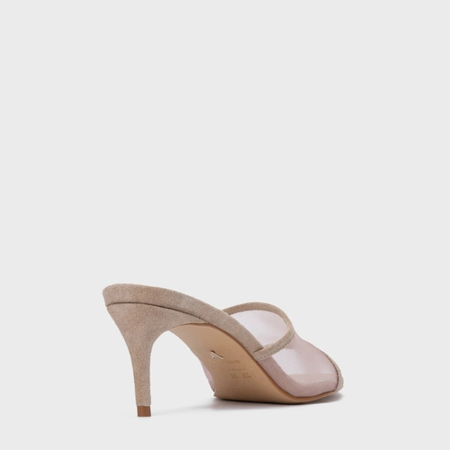 Open Mule Tela Salto Fino Couro Suede Bege Oatmeal