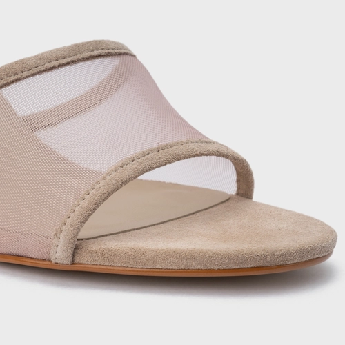 Open Mule Tela Salto Fino Couro Suede Bege Oatmeal