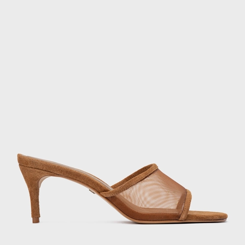 Open Mule Tela Salto Fino Couro Suede Marrom Saddle
