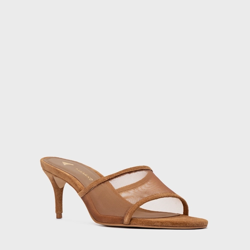 Open Mule Tela Salto Fino Couro Suede Marrom Saddle