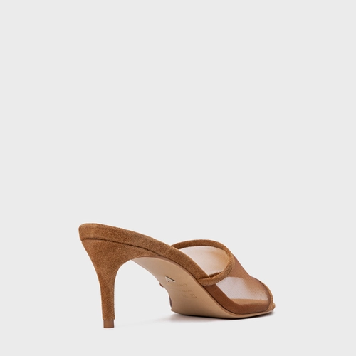 Open Mule Tela Salto Fino Couro Suede Marrom Saddle