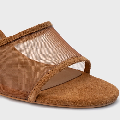 Open Mule Tela Salto Fino Couro Suede Marrom Saddle