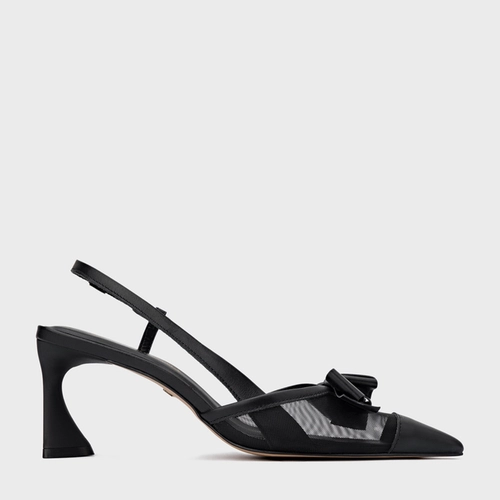 Scarpin Slingback Laço Tela Salto Allure Couro Preto