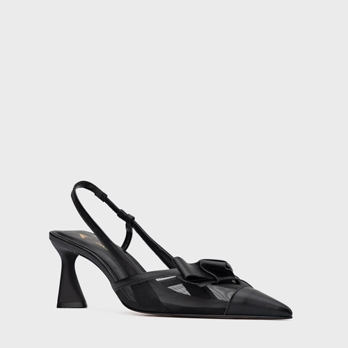 Scarpin Slingback Laço Tela Salto Allure Couro Preto