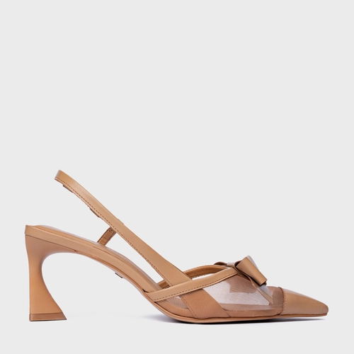 Scarpin Slingback Laço Tela Salto Allure Couro Marrom Cookie