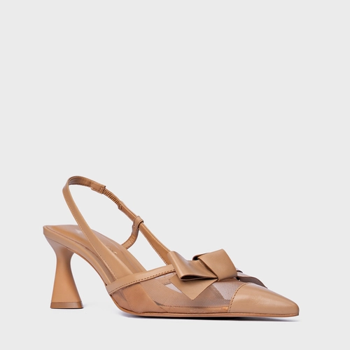 Scarpin Slingback Laço Tela Salto Allure Couro Marrom Cookie