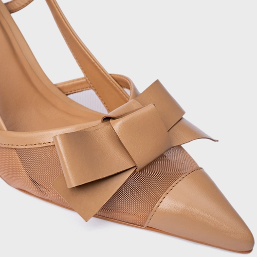 Scarpin Slingback Laço Tela Salto Allure Couro Marrom Cookie