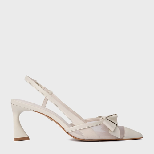 Scarpin Slingback Laço Tela Salto Allure Couro Off White Vanilla