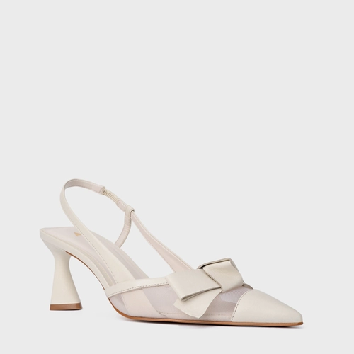 Scarpin Slingback Laço Tela Salto Allure Couro Off White Vanilla