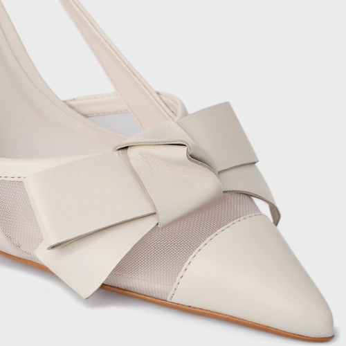 Scarpin Slingback Laço Tela Salto Allure Couro Off White Vanilla