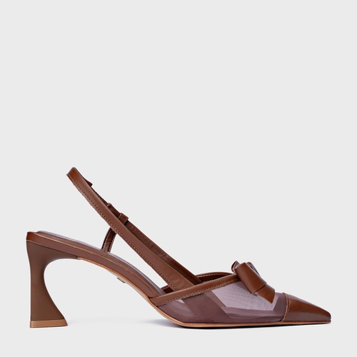 Scarpin Slingback Laço Tela Salto Allure Couro Marrom Walnut
