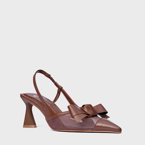 Scarpin Slingback Laço Tela Salto Allure Couro Marrom Walnut