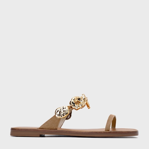 Rasteira Organic Coins Couro Suede Bege Almond