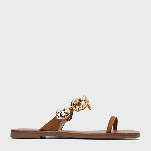 Rasteira Organic Coins Couro Suede Marrom Saddle