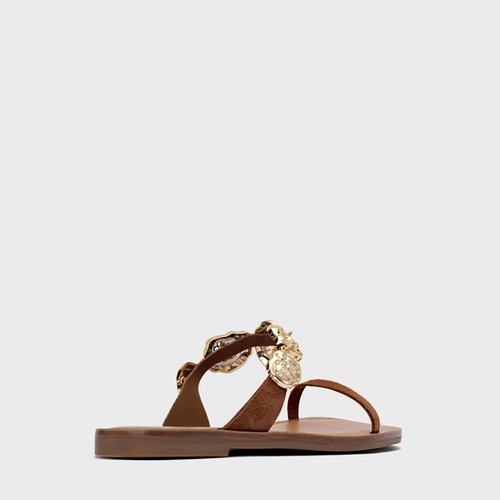 Rasteira Organic Coins Couro Suede Marrom Saddle
