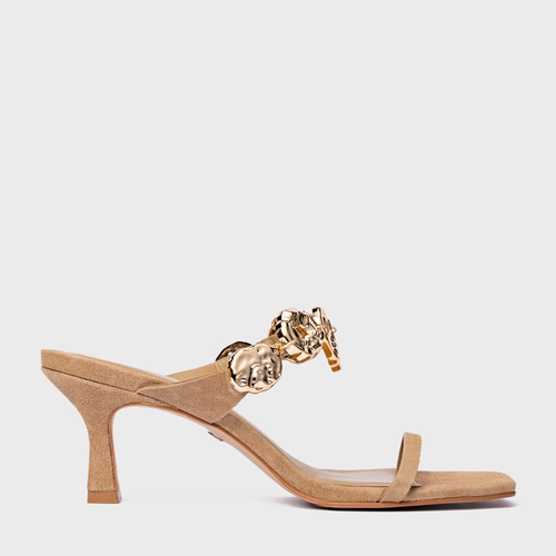 Open Mule Organic Coins Salto Fino Couro Suede Bege Almond