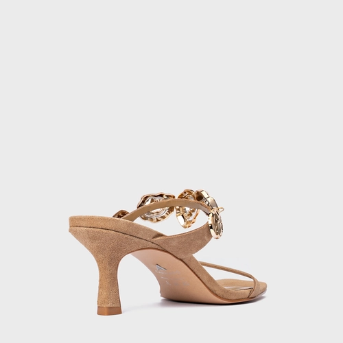 Open Mule Organic Coins Salto Fino Couro Suede Bege Almond