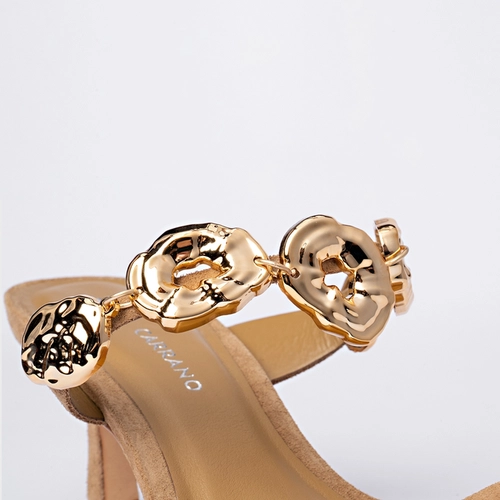 Open Mule Organic Coins Salto Fino Couro Suede Bege Almond