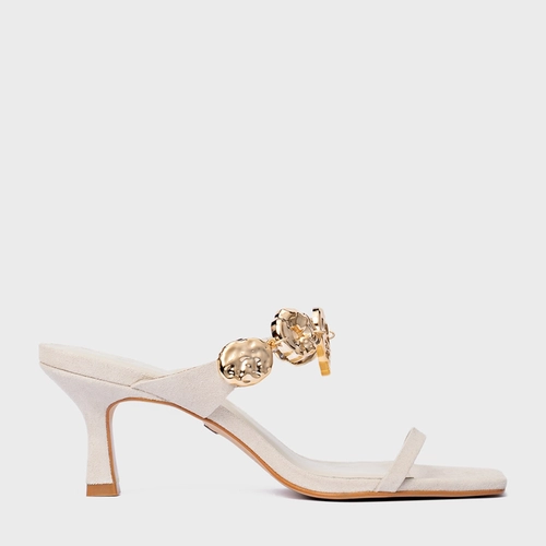 Open Mule Organic Coins Salto Fino Couro Suede Off White Osso