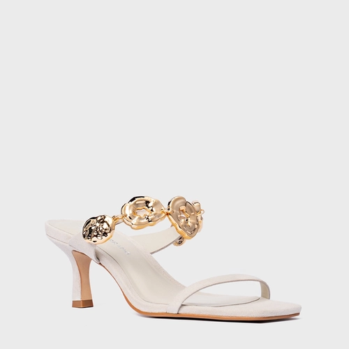 Open Mule Organic Coins Salto Fino Couro Suede Off White Osso